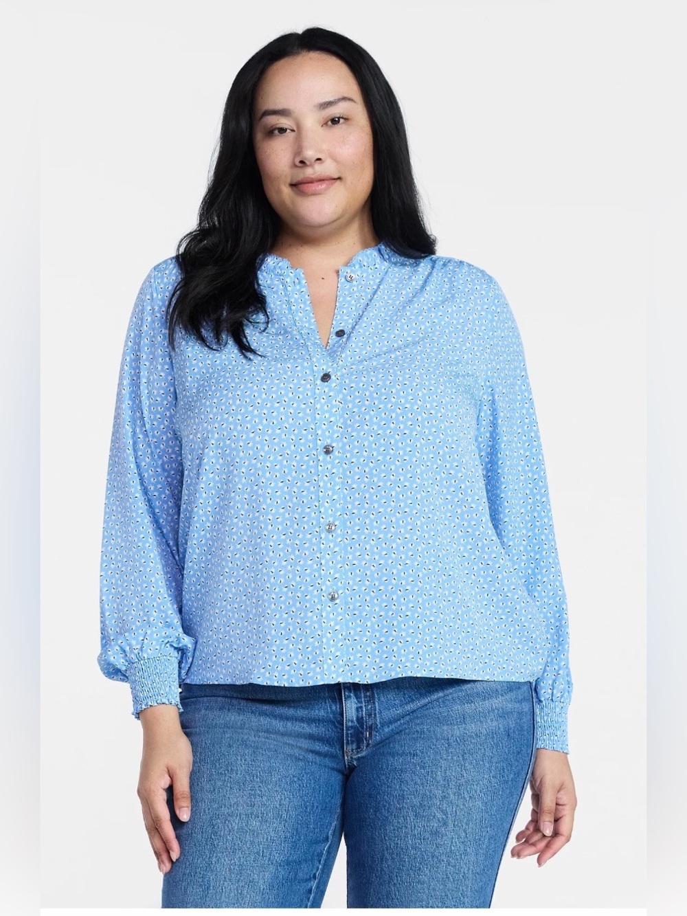 (285)Light Blue Printed Long-Sleeve Button Front Top